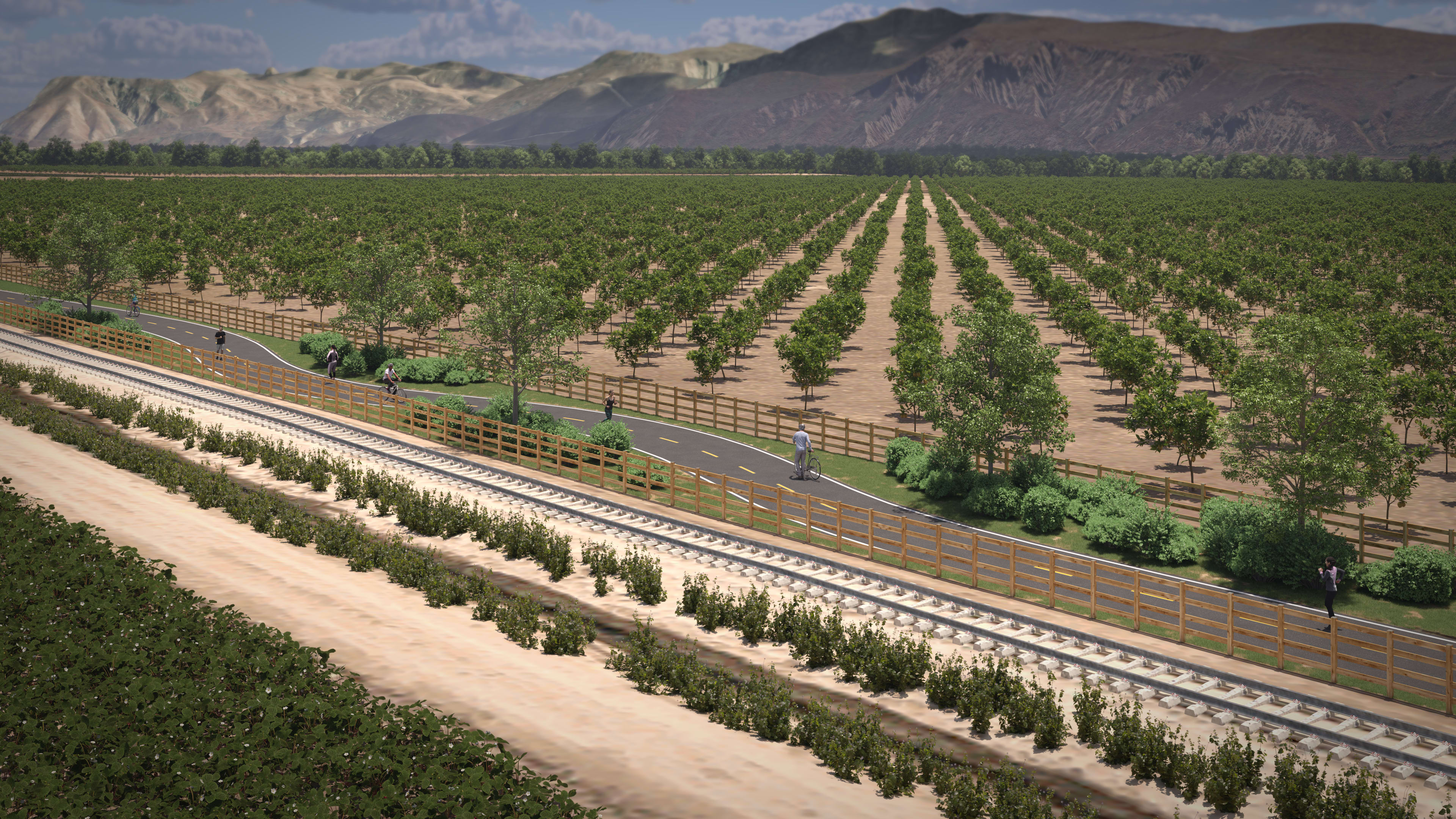 Rending depicting joggers and bicylists using paved path between railroad tracks and a field of produce trees