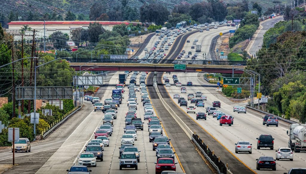 Cars and trucks driving on the freeway