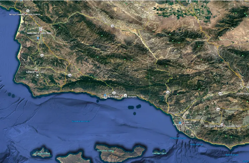A scenic aerial view of Ventura coastline and surrounding mountains in California.