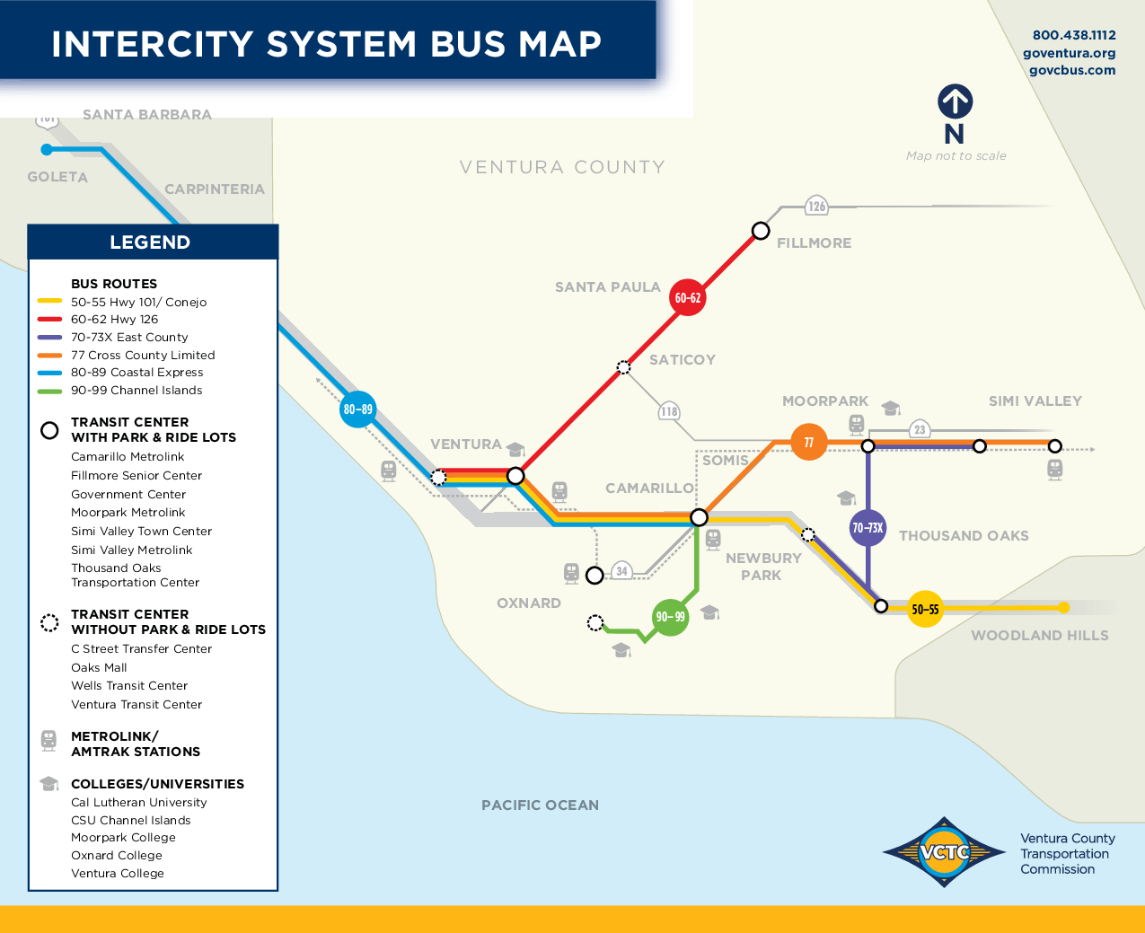 A detailed bus map of Ventura County, showing routes, transit centers, and colleges.