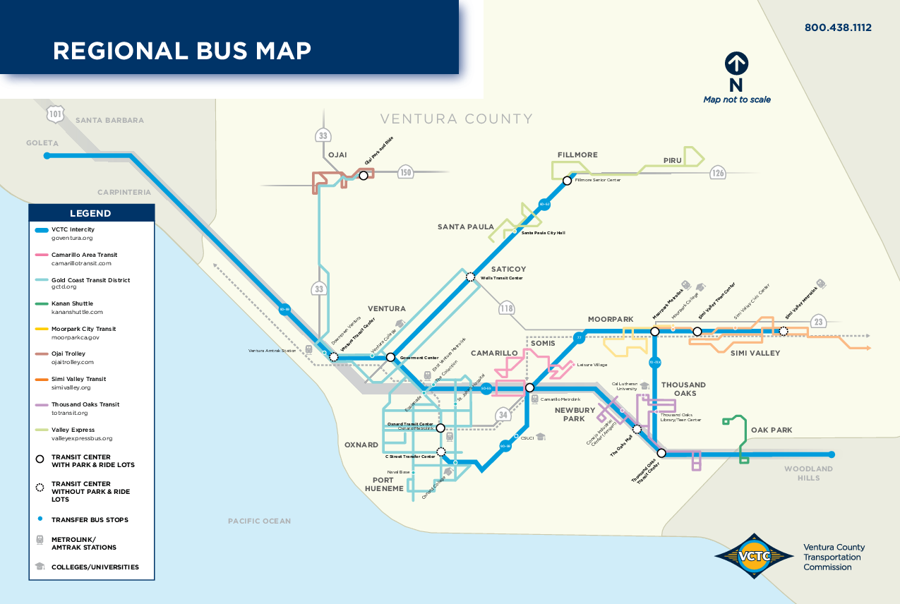 A detailed regional bus map of Ventura County, showing transit routes and stops.