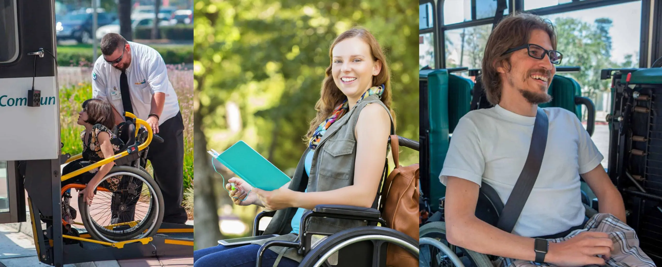 Accessible public transportation with diverse passengers and mobility options.
