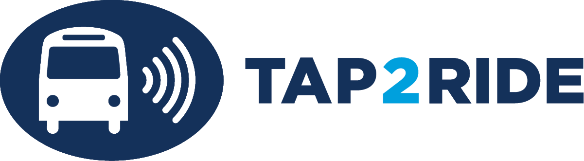 Tap 2 Ride Icon with bus in a circle and words Tap 2 Ride