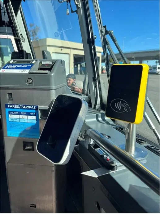 Contactless payment terminal inside a bus at Goventura Staging, California.