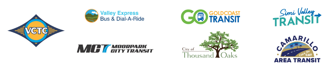 Logos of the agencies that accept Tap2Ride: VCTC, Valley Express, Gold Coast Transit, Simi Valley Transit, Moorpark City Transit, City of Thousand Oaks, and Camarillo Area Transit