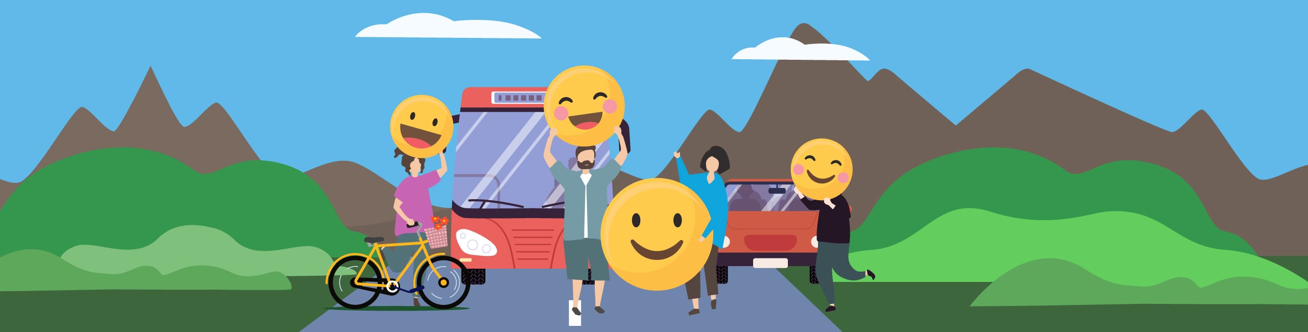 Illustration of people holding up smiley-face signs in front of a bus, a car and a bicycle