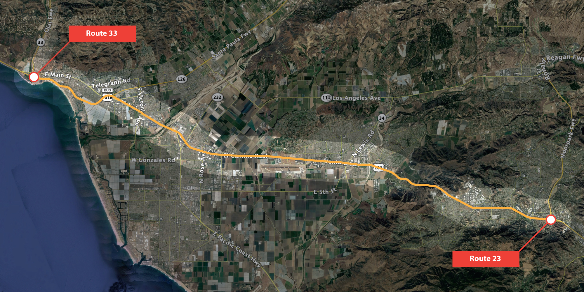 Map of the US-101 project corridor through Ventura County