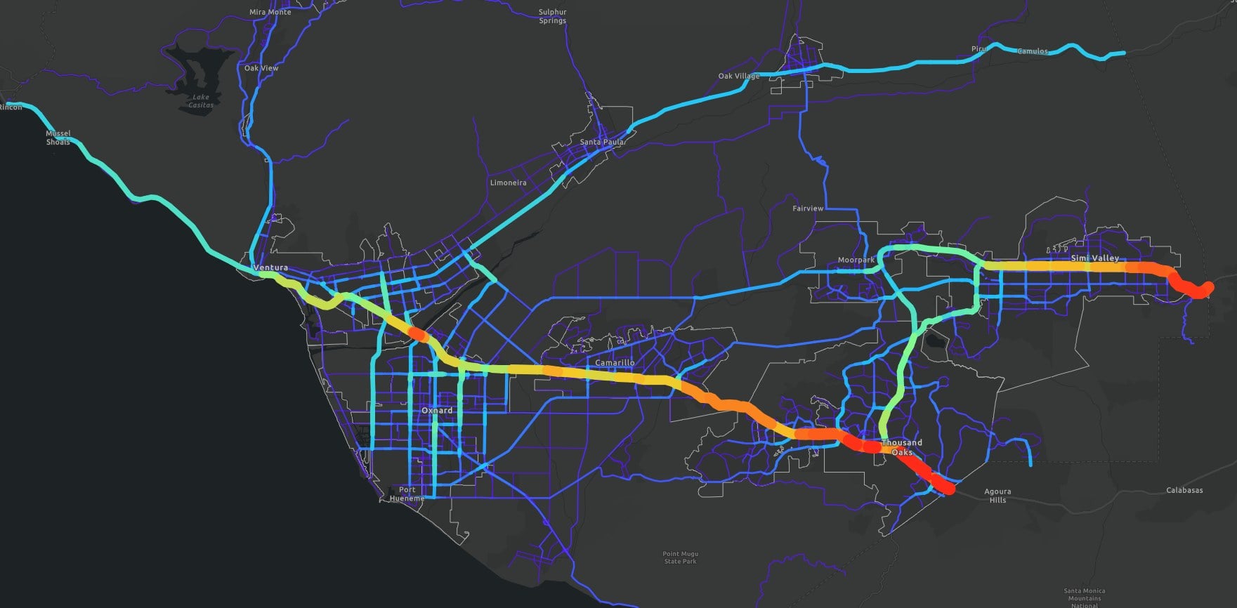 Map of Ventura County roadways color-coded by modeled 2025 traffic volume, heaviest on Highway 101 and Highway 23