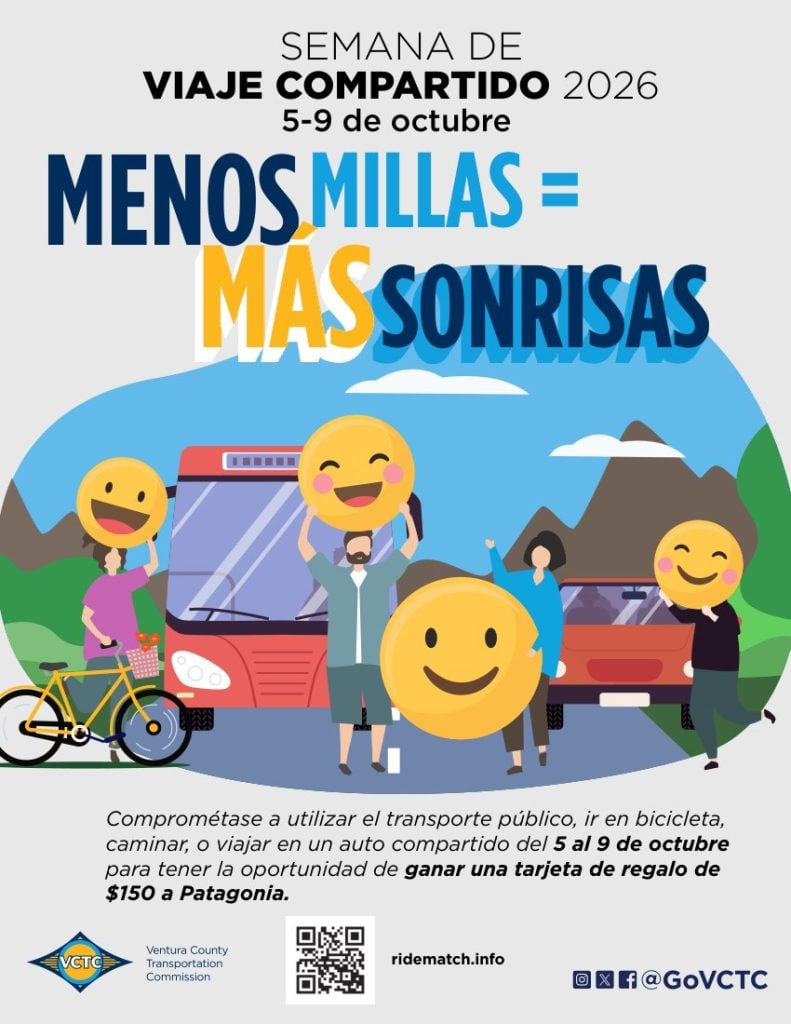 Rideshare Week 2026 flier in Spanish: Menos millas = más sonrisas, 5–9 de octubre